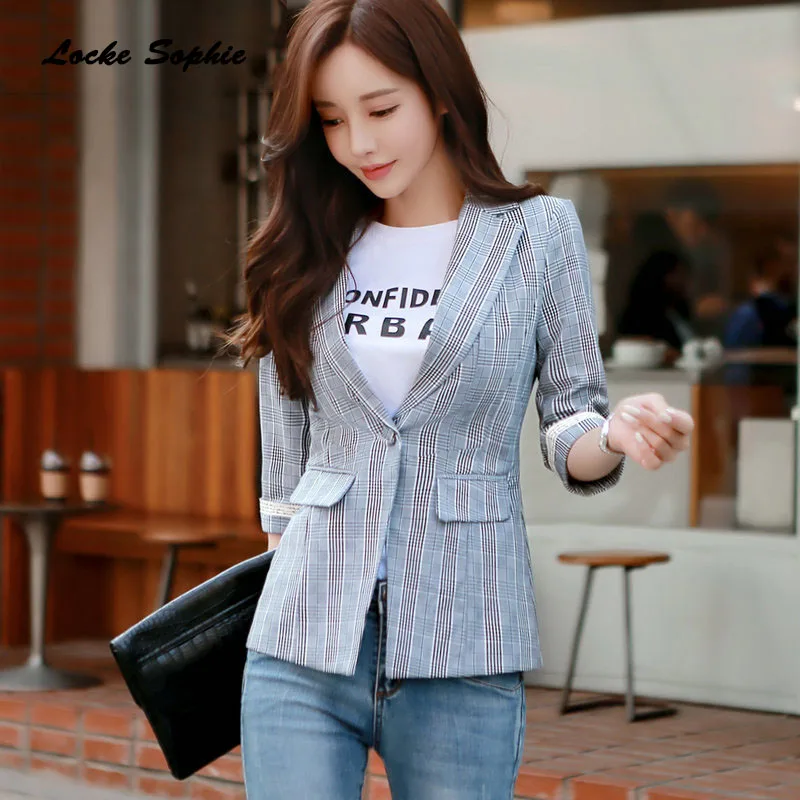 Women's Plus size Blazers coats 2019 Summer cotton cotton blend plaid Slim fit Small Suits jackets ladies Skinny Blazers Suit