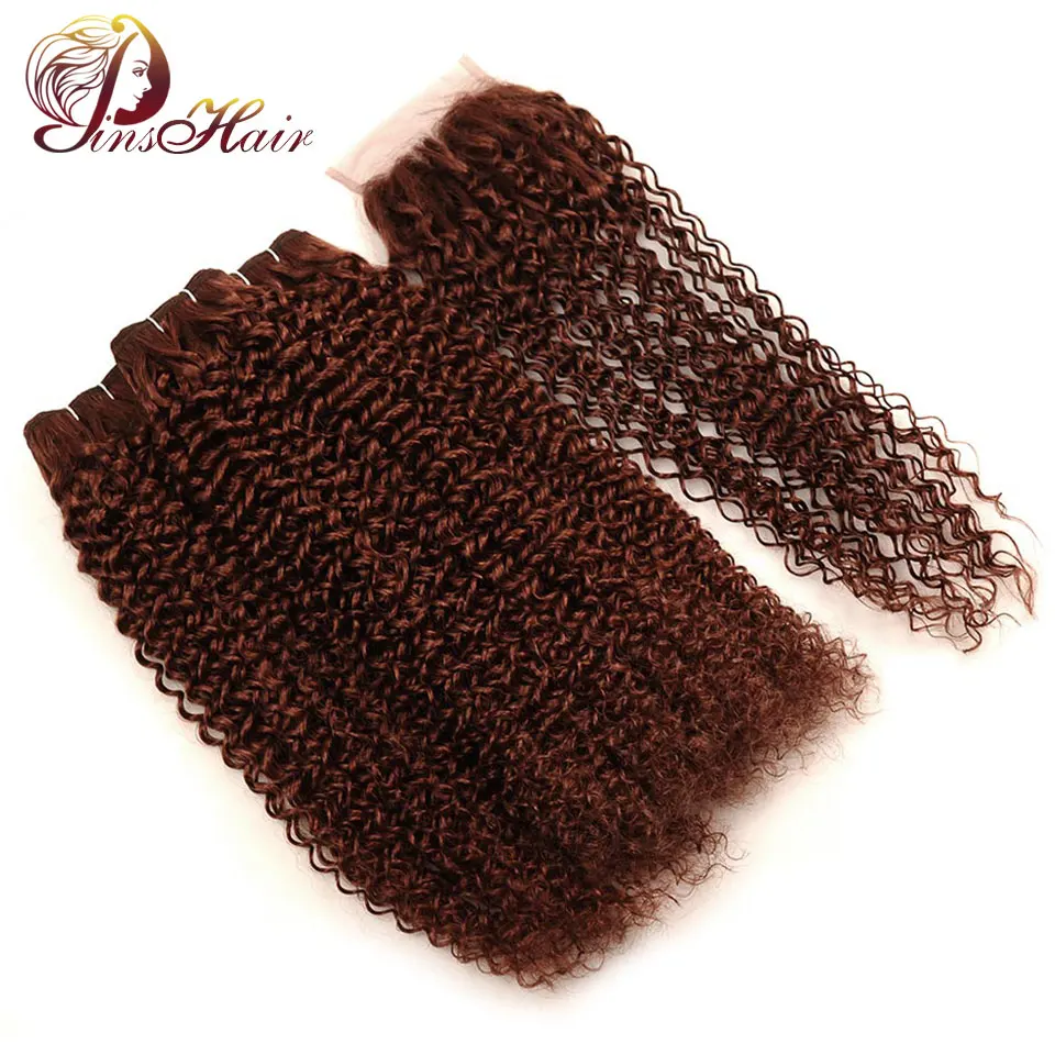 

Pinshair Peruvian Kinky Curly Human Hair Bundles With Closure Dark Brown Hair 3 Bundles With Closure Red Non Remy Hair No Tangle