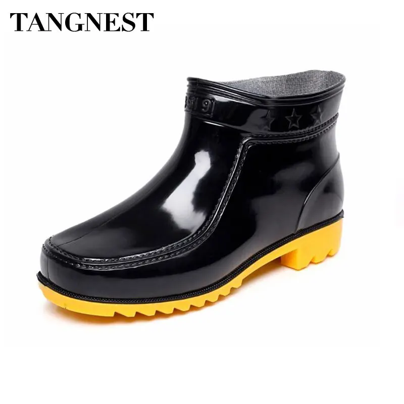 Tangnest Summer Men's Rubber Ankle Boots Black Slip on Plain Men Rain ...