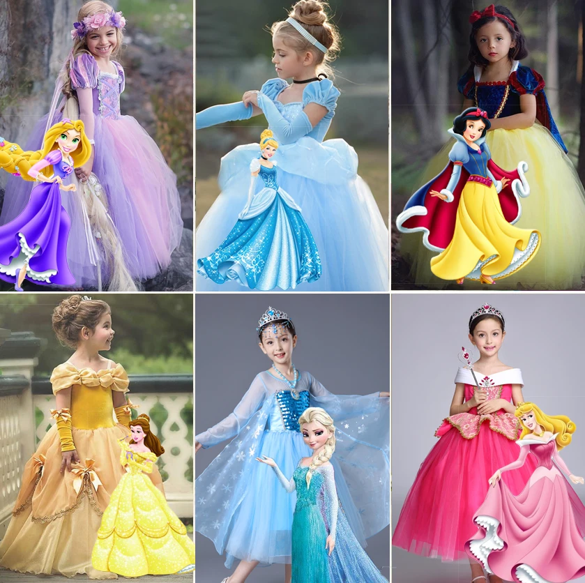 

2018 baby Princess Rapunzel Cinderella Snow white Belle elsa Aurora dress children costume girls dress up Party Vestidos dress