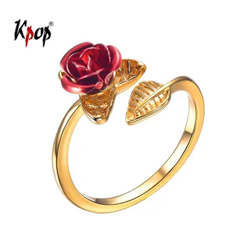 

Kpop Red Rose Ring Summer Jewelry Love Gifts for Girls Gold Color Flora Flower Adjustable Open Ring for Women R6250
