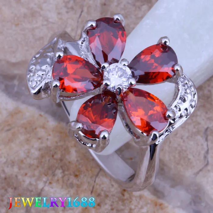 Unique Flower Red Garnet White CZ Silver Plated Ring Size 6 / 7 8 9 10 D317 | Украшения и аксессуары