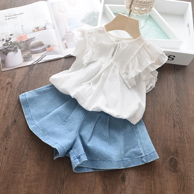 

Toddler Girls Shorts And White Ruffle Tops Boutique Kids Wholesale Lots Bulk Clothing Baby Girl Denim Shorts Set Summer Outfits