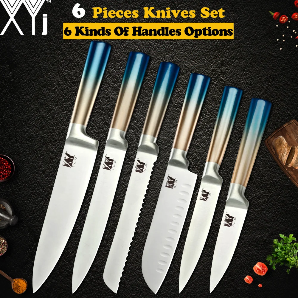 

XYj 6pcs Stainless Steel Knives Set Gradient Color Handle Multi-options Handle Chef Slicing Bread Santoku Utility Paring Knives