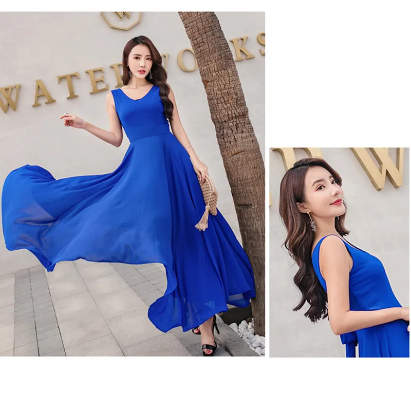 2019 New Summer Beach Dress Women's Fashion Sleeveless V-Beck Red Blue Long Dress Elegant Robes Women's Plus Size 5XL (10)