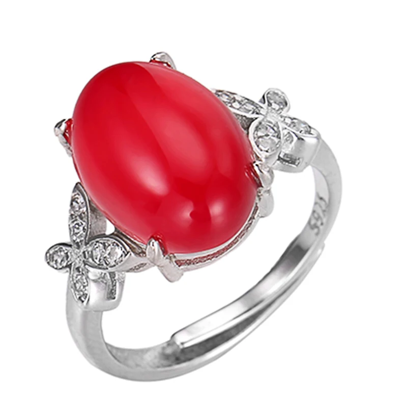 Fine Jewelry S925 Rings For Women Sterling Silver 14*10mm Chalcedony Natural Oval Red Gemstone Ring Luxury Vintage Anel R-CH001