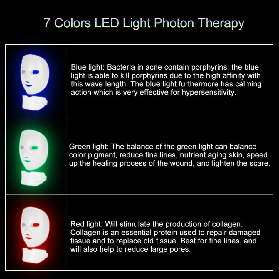 7 цветов фотонная маска для омоложения кожи лица, шеи, подтяжки кожи, омоложения лица, красоты, светодиодный станок для лица