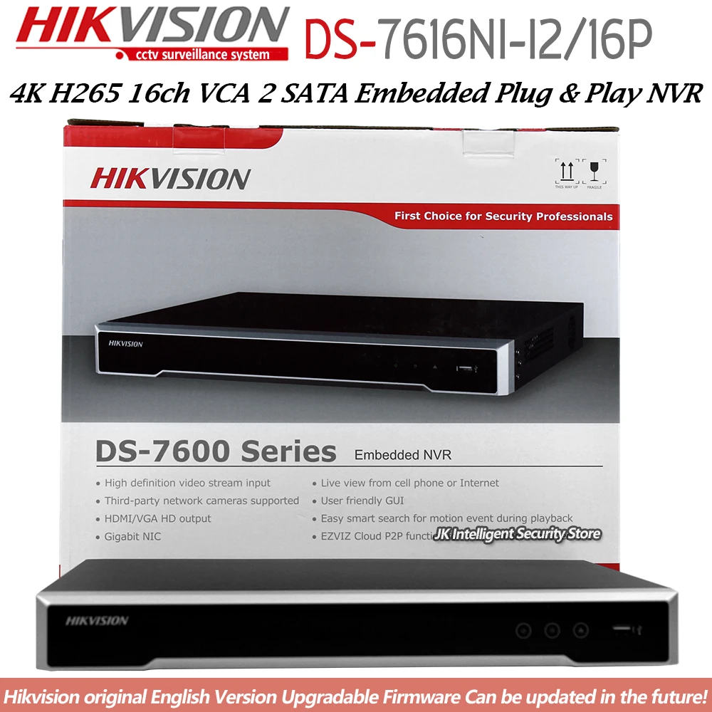 Hikvision DS-7616NI-I2/16 P 16CH NVR 2SATA сетевой видеорегистратор 4K NVR H265 16 POE портов 12MP Максимальная запись для IP камеры видеонаблюдения