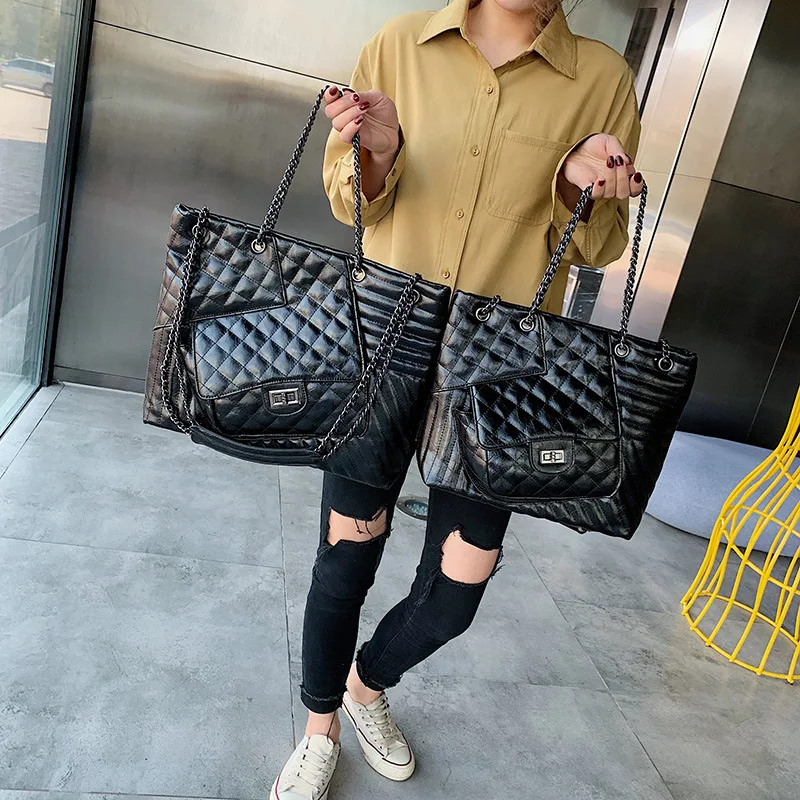 

2019 Fashion New Large Women Casual Totes Bags Over Shoulder Female Messenger Bags Chains Lattice Famous Brand Designer Handbag
