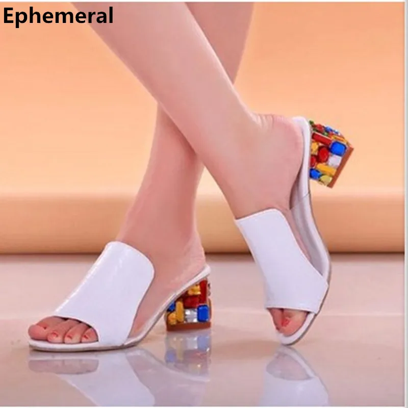 

Lady Classure Femme Luxury Colorful Rhinestone Real leather Peep toe Plus size(4-10)thick Square high heels Women sandals Pumps