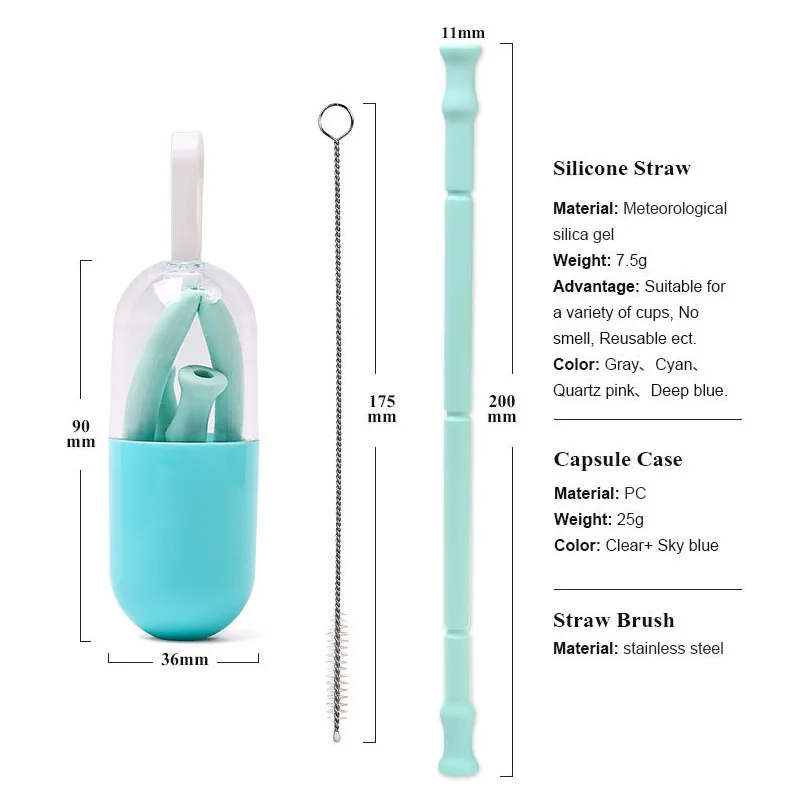 

Newly Collapsible Reusable Silicone Drinking Straws with Keychain Case Cleaning Brush MK