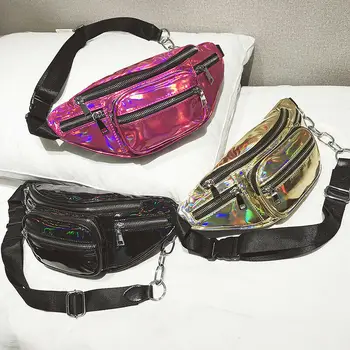

2019 One Piece Women Fanny Glitter Leather Pouch Belt Waist Shoulder Bags Pack Purse Wallet Sequined Fashion Chain Elegant