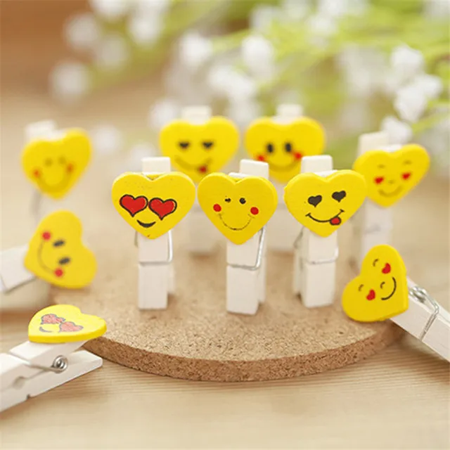 12PCS Yellow color Mini Love Heart Emoji Wooden Peg Pin Clothespin
