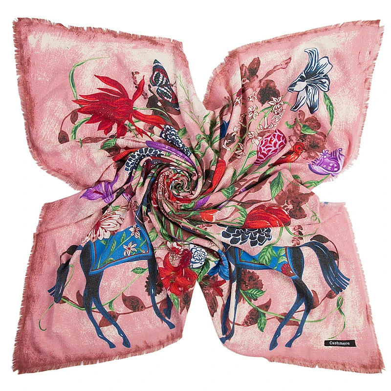 

135cm*135cm Thick Warm Winter Women 2017 New Fashion Euro Design Bird Butterfly Flower and Horse Printed Square Scarf Big Shawl