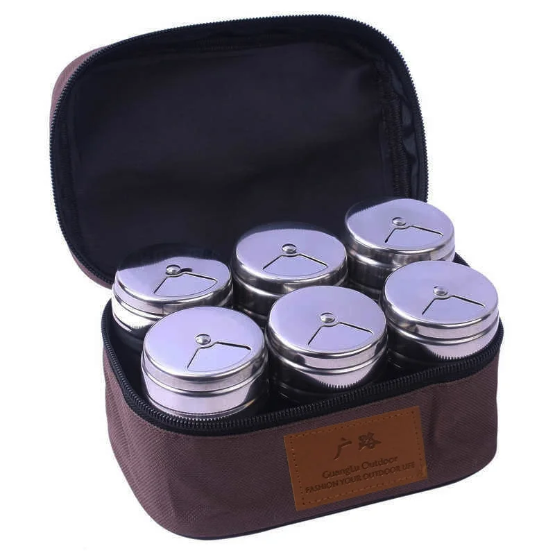 

6pcs/set Portable Spice Shaker Seasoning Dispenser Set Stainless Steel set With Rotating Lids And Travel Bag Outdoor Tableware