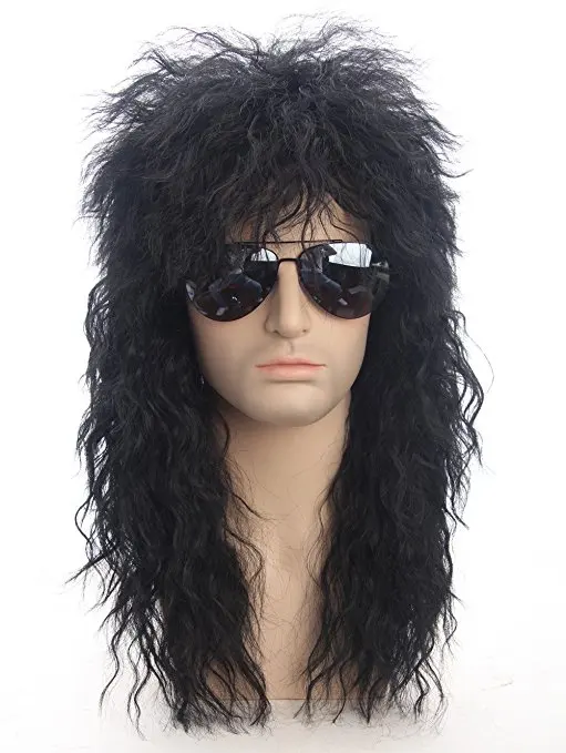 

70s 80s Halloween Costumes Rocking Dude Black Curly Synthetic Hair Wigs Punk Metal Rocker Disco Mullet Cosplay Wig + Wig Cap