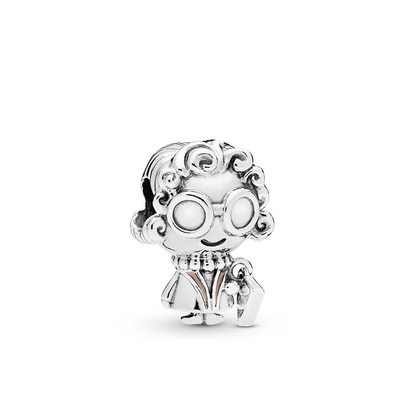 

Free Shipping Silver Bead Charm Pink Enamel Curly-haired Oversized Spectacles Grandma Beads Fit Pandora Bracelet DIY Jewelry