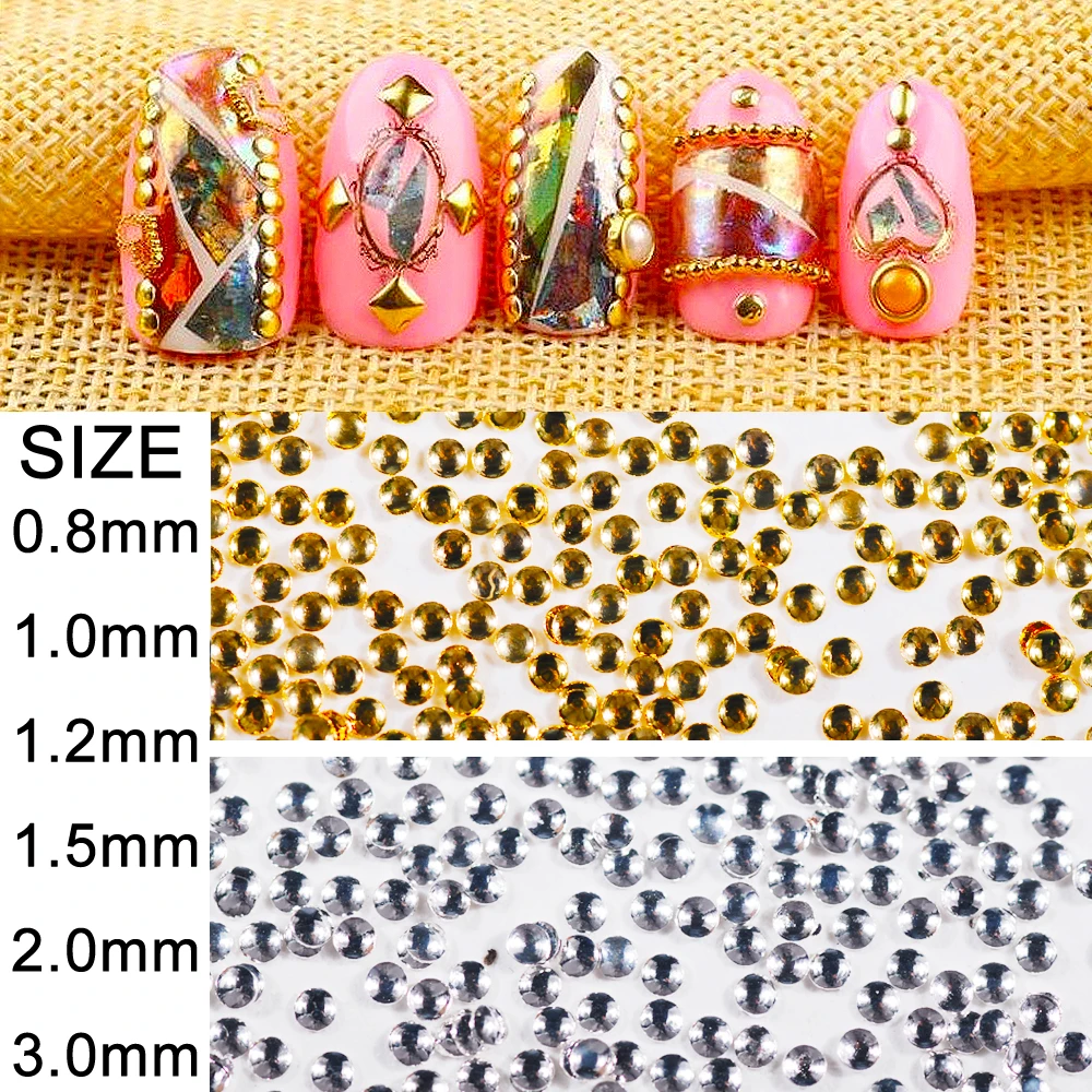 Оптовые цены 10000 шт./пакет 3D металлические украшения ногтей цвета: золотистый, серебристый круглые заклепки DIY Shell ползунок ногтей шпильки 0,8-3,0 мм