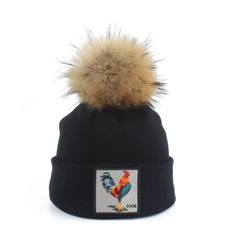 

New Cartoon Cock Animal Hat Kids Winter Beanie Cap Girls Boy Real Fur Pompom Thick Knitted Warm Hats For Children
