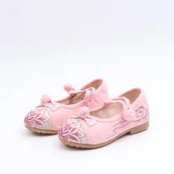 Детская обувь для девочек с вышивкой в народном стиле; Брезентовая танцевальная обувь в стиле ретро для маленьких девочек; мягкая подошва