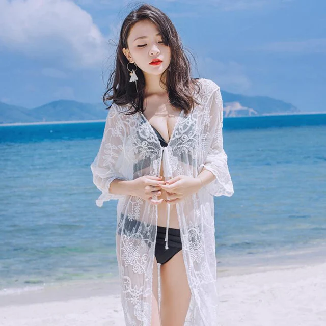 Beach Vacation Lace White Sun Protection Beachwear Cover Up Female Swimwear Beach Wear Bikini Cover Up Dress Swimwear