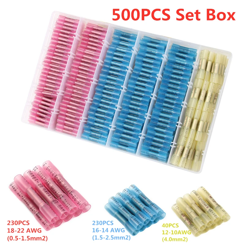 

500PCS/Set Waterproof Heat Shrink Butt Connectors Electrical Wire Splice Cable Crimp Terminals Connectors AWG 22-10 Kit