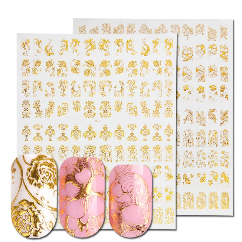 1 шт золотые металлические цветы наклейки для дизайна ногтей цветные металлические накидки с цветочным узором Наклейка 3D клей декоративные насадки для инструментов маникюрные JIAD101-102
