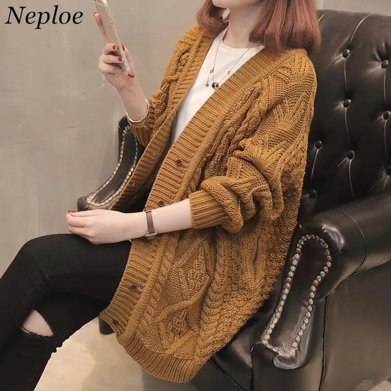 

Neploe Long Knitted Cardigan Long Sleeve Causal Sweater Coat 2019 V-neck Jacket Coats Korean Female Cardigans Pull Femme 36046
