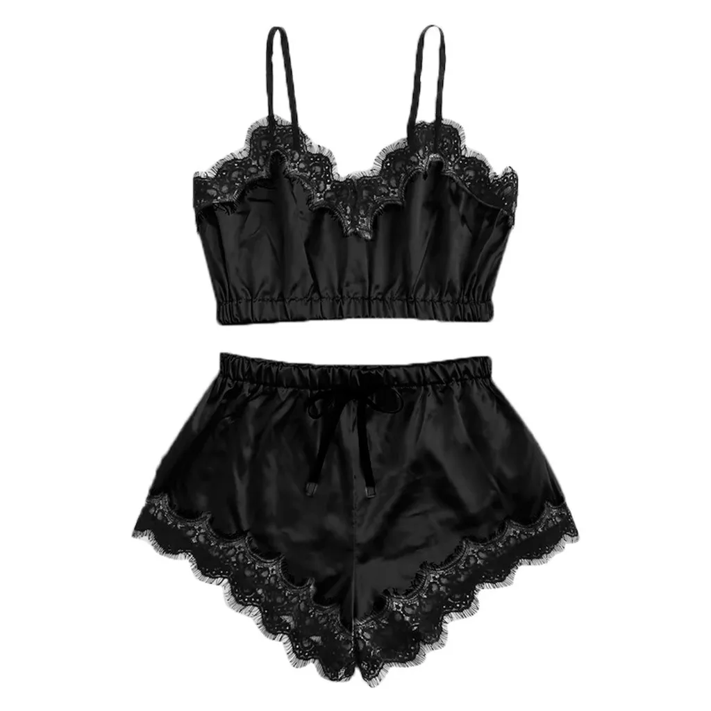 

Women 2019 Summer Women Lace Pajama Sets Imitated Silk Pajamas Sets Sexy Women Sleeping nachtkleding vrouwen