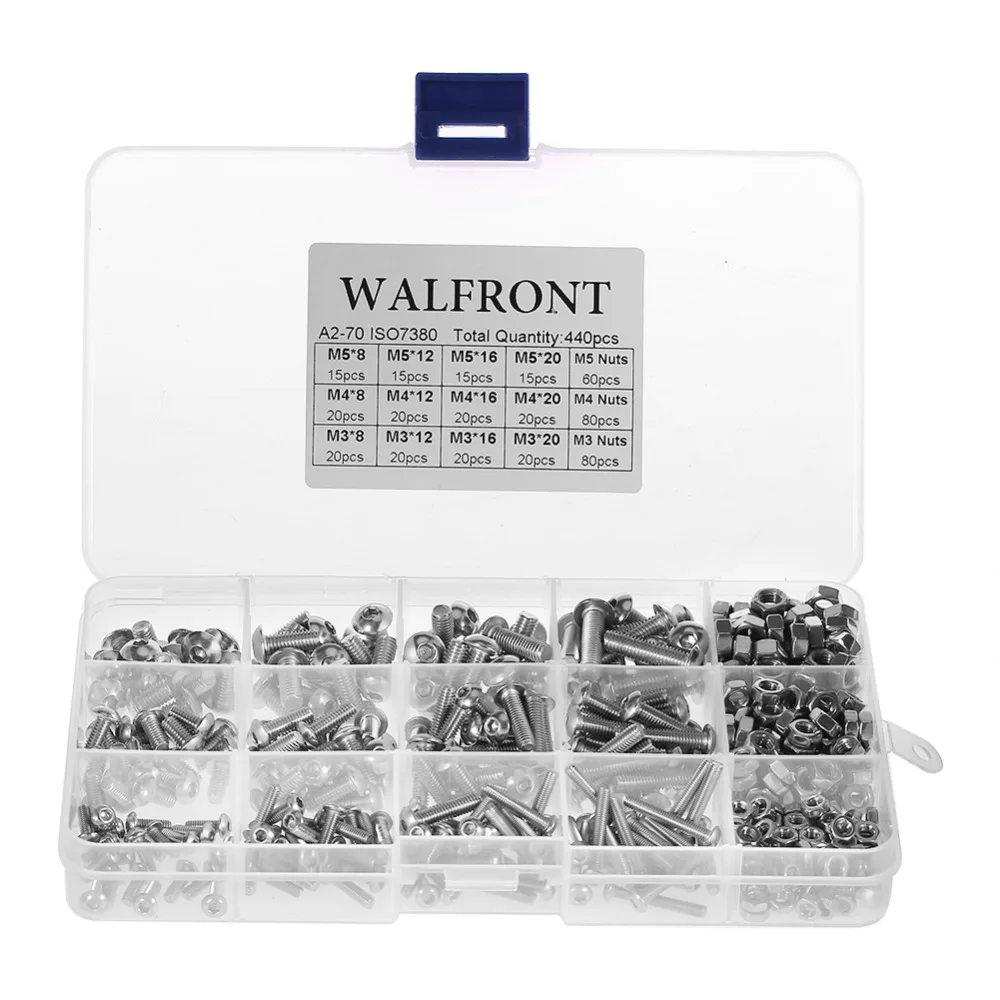 

440pcs/set M3 M4 M5 Stainless Steel SS304 Hex Socket Button Head Bolts Screws and Nuts Assortment Set Fastener Hardware