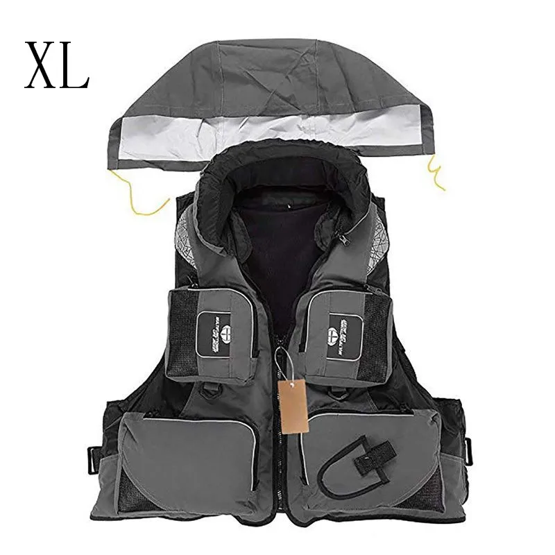 Gray-XL Взрослый профессиональный рыболовный жилет с капюшоном полиэстер Оксфорд светоотражающий съемный воротник спасательный жилет куртка - Цвет: Gray-XL