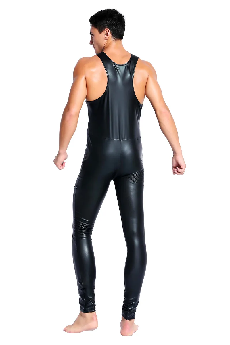 Горячий сексуальный мужской латексный комбинезон из ПВХ Zentai костюм мужской черный блестящий кожаный комбинезон на молнии открытый промежность клубный сценический комбинезон одежда