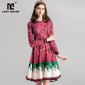 

Women's Turn Down Collar Long Sleeves Printed Shirts with Floral Skirts Fashion Casual Designer Runway Two Piece Dresses Sets