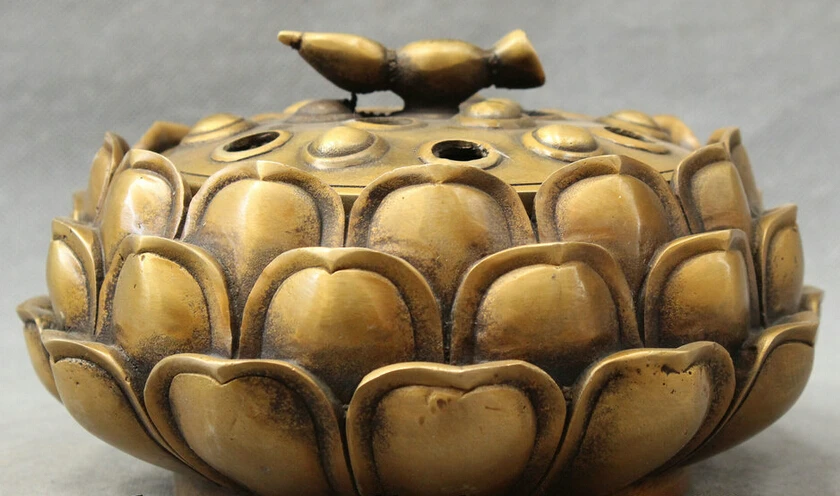 

S4215 8" Chinese Bronze Buddhism Lotus Root Statue Wealth Box Incense Burner Censer D0317