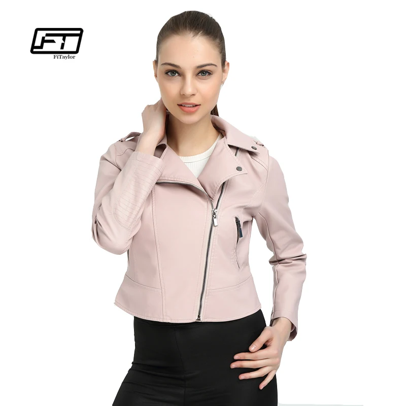 Fitaylor Women Faux Leather Jacket Pink Leather Biker Coats Short