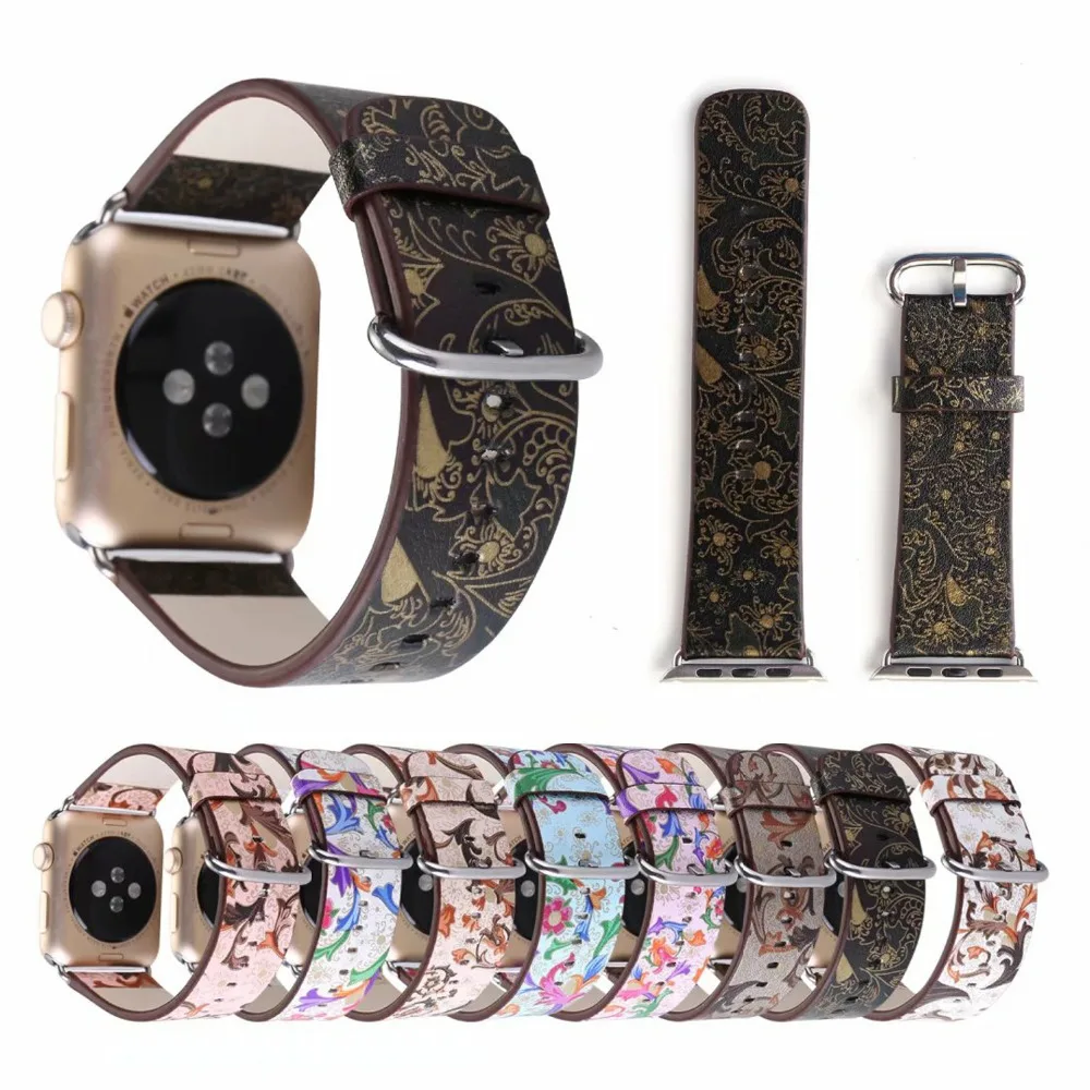 

Leather watchband for apple watch band strap 42mm 38mm iwatch 3/2/1 Vintage Flower Prints bracelet wrist belt watch Accessories