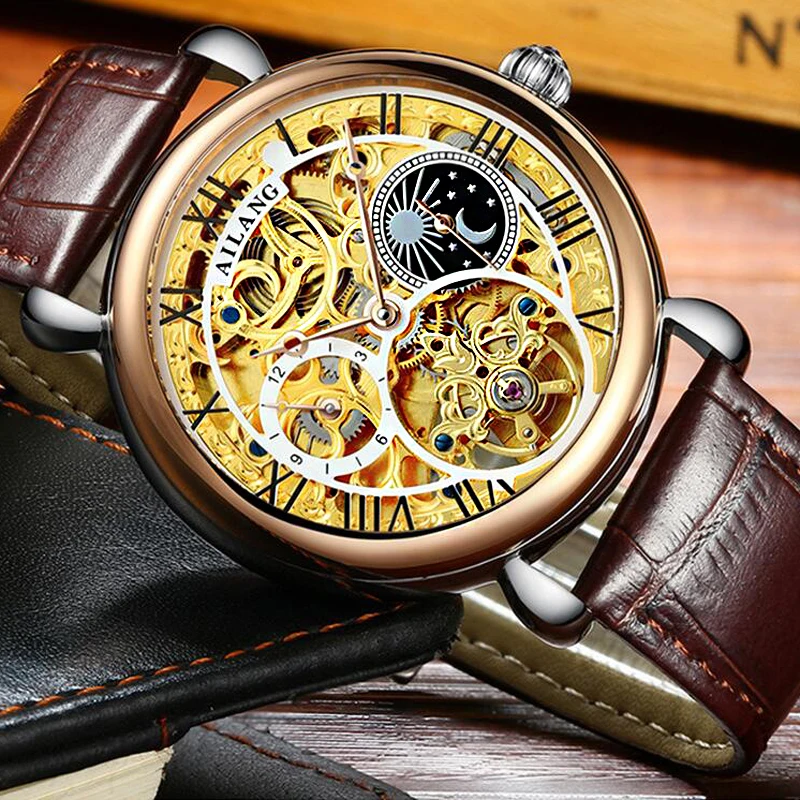 

Switzerland AILANG Men Watch Mechanical Watch tourbillon Leather Strap Moon phase Sapphire Waterproof Automatic Watches 2019