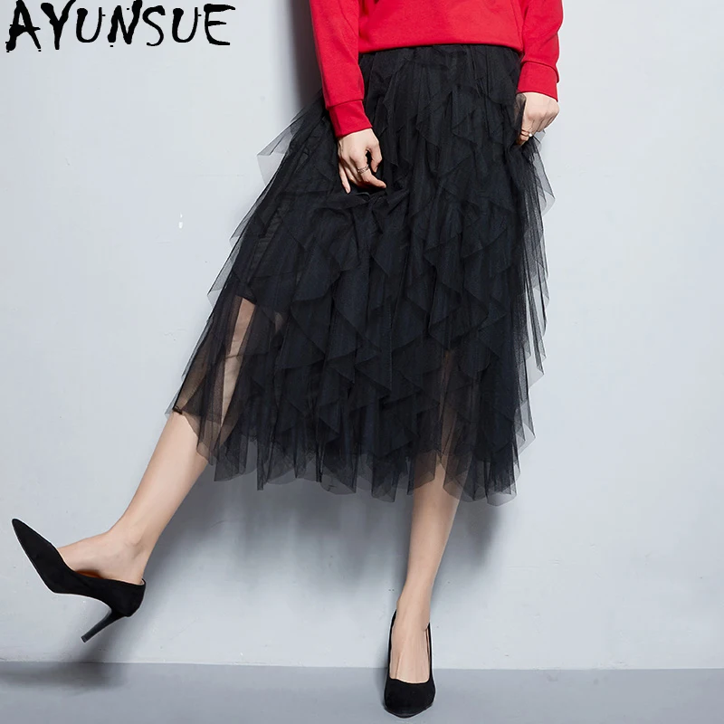 Лето 2019 Женская юбка Корейская Тюлевая сетчатая миди юбка нерегулярные женские юбки черная элегантная одежда длинная Falda Mujer KJ1740