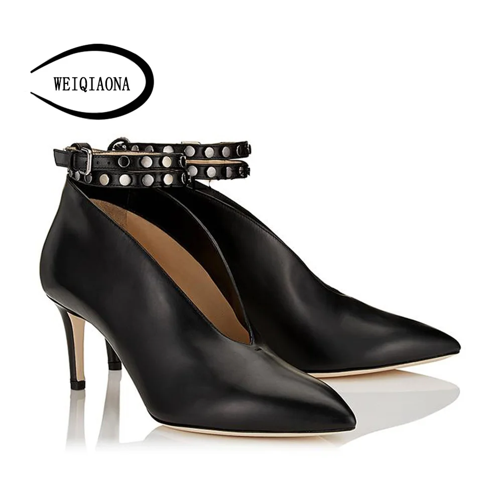 WEIQIAONA/ г.; фирменный дизайн; Новая Звездная модель; модная женская обувь с острым носком на высоком каблуке; свадебные туфли из натуральной кожи; женская обувь - Цвет: black 6.5cm