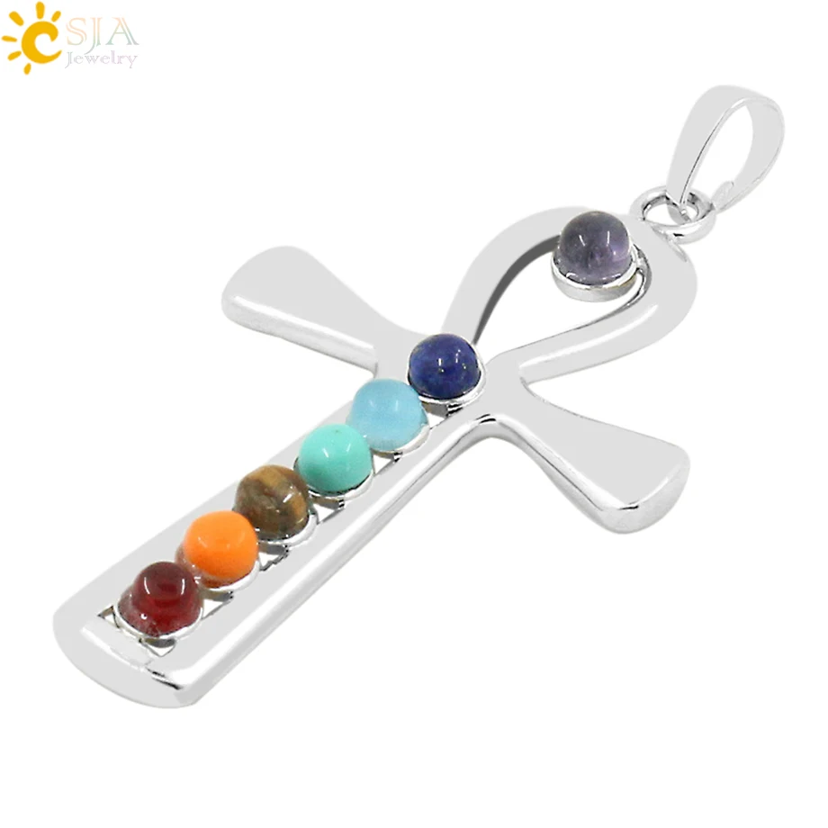 

CSJA 2pcs Reiki Ankh Symbol Health Amulet 7 Chakra Stones Yoga Symbols Cross Shape Stone beads Necklace Pendant for Women E028