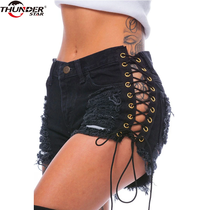 Preise Sexy Frauen Denim Shorts Feste Schnürung Ripped Mid Wasit Shorts 2018 Sommer Dünne Loch Bandage Mini Kurze Jeans Shorts Plus größe