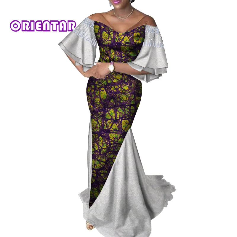 Африканские платья для женщин, традиционная африканская печать, белое кружево, длина до пола, свадебное платье, женские элегантные длинные платья WY4346
