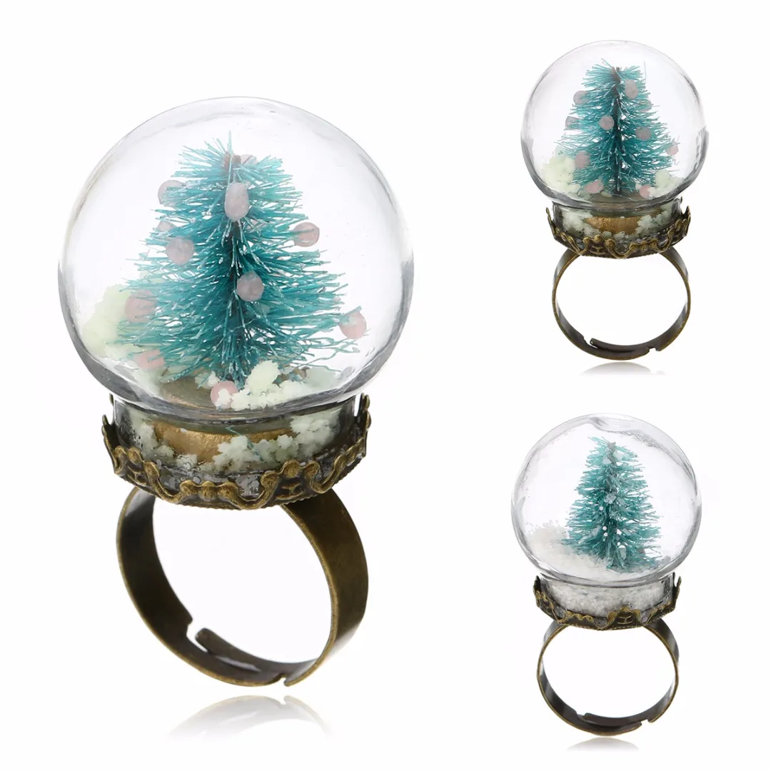 Shellhard Luminous Xmas Rings Shellhard Christmas Tree Glass Snowball Glow In The Dark Finger Ring For Women Men Jewelry