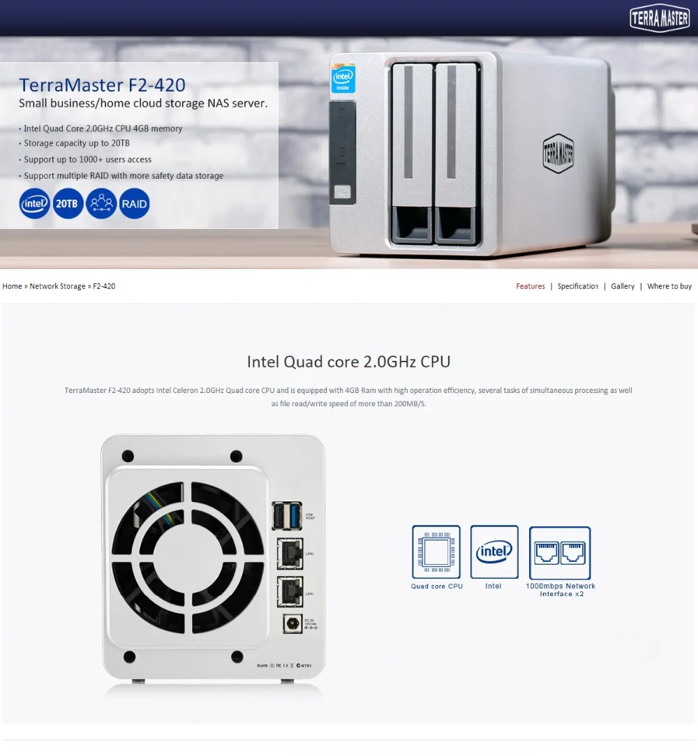 Ter ram aster NAS сервер 2-Bay F2-420 четырехъядерный процессор Intel 2,0 ГГц 4 Гб ОЗУ Сетевой RAID накопитель для малого/среднего бизнеса(без диска