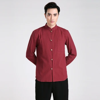 

Burgundy New Chinese Men's Linen Casual Tops Spring Autumn Long Sleeve Kung Fu Shirts S M L XL XXL XXXL 2605-2