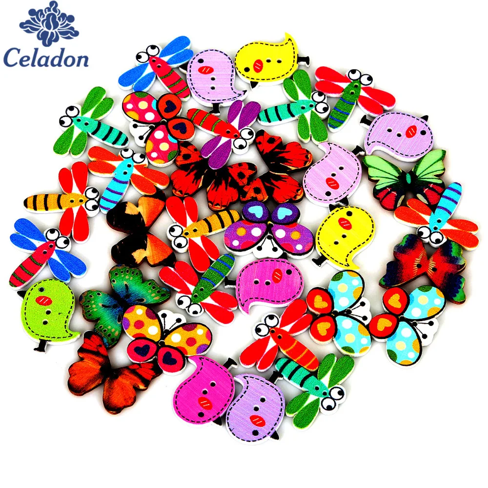 

Hot Selling Retail 50pcs/Lot Colorful Two Holes Mixed Butterfly Dragonfly Pigeon Wooden Buttons Sewing Scrapbooking DIY