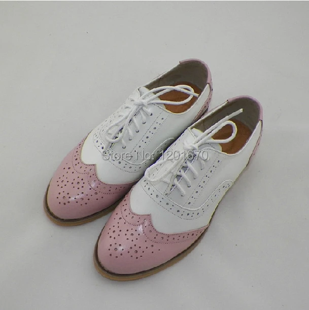 Pink Shoes Oxfords Flats Women Genuine Leather Shoes Plus size Spring Shoelace Brogues Casual