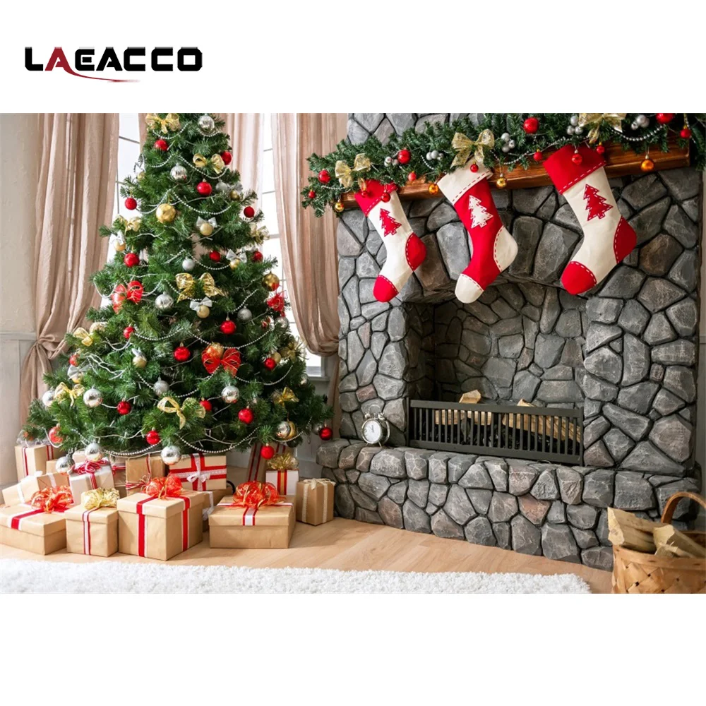 

Laeacco Christmas Tree Gifts Socks Fireplace Interior Photography Backgrounds Customized Photographic Backdrops For Photo Studio