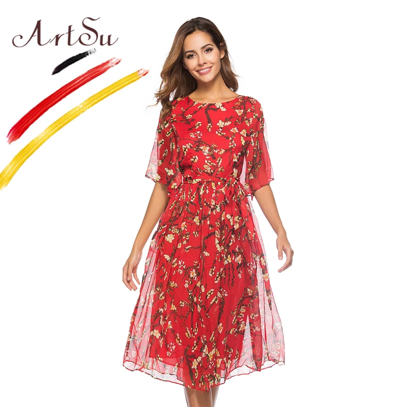 

ArtSu Women Casual Dress 2018 Summer Boho Floral Print A-Line Midi Dress Robe Femme Chiffon Slim Beach Dresses 2018 Green Red
