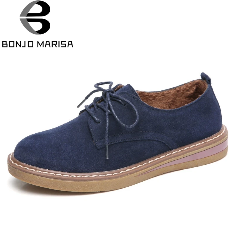 

BONJOMARISA 2019 Women Sneakers Autumn Oxford Shoes Leather Suede Flats Shoes Woman Lace up Boat Shoes Round toe Flats Moccasins
